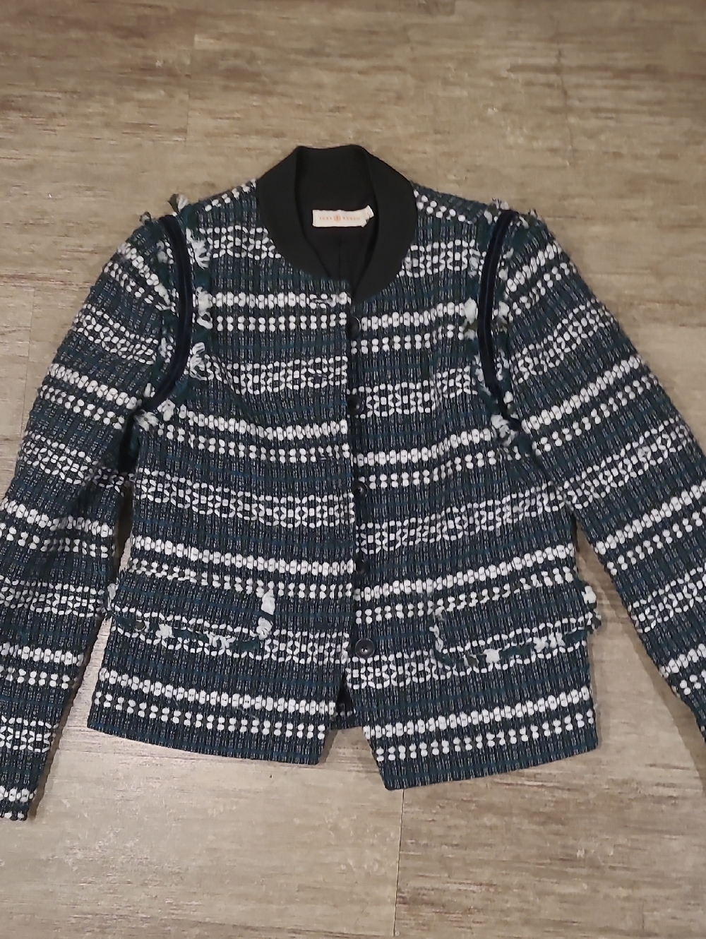 Tory Burch Teal,Black, and White Tweed Bomber Jacket